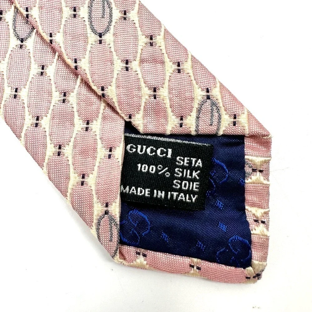 Gucci 100% Silk Tie Pink Pointed With Monogram G Made In Italy Oval Pattern